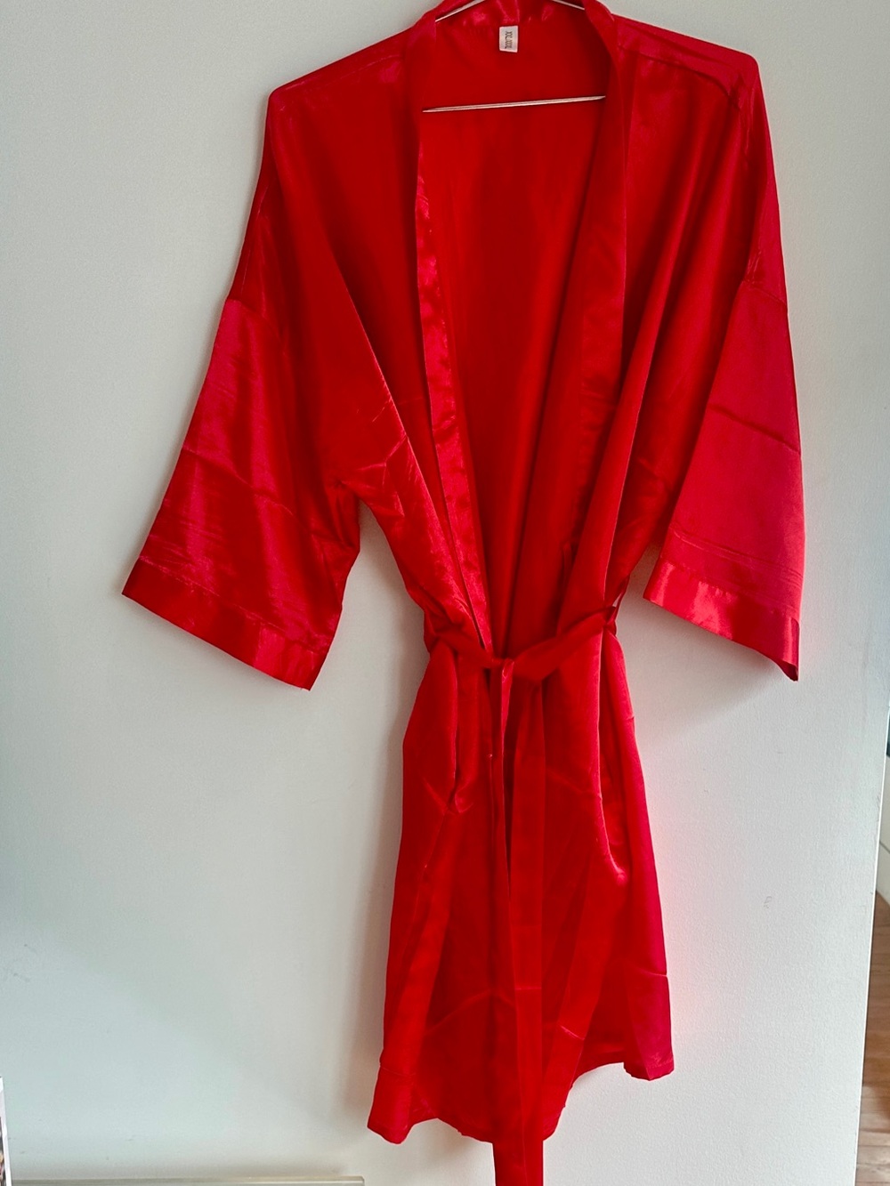 Red Satin Kimono Wrap Robe with Self-Tie Belt